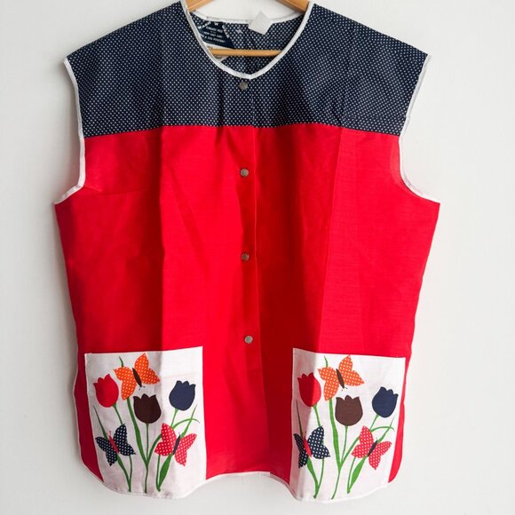 Vintage Dead-stock House Apron Top Button Down Floral Polka Dot XXL - Picture 2 of 5